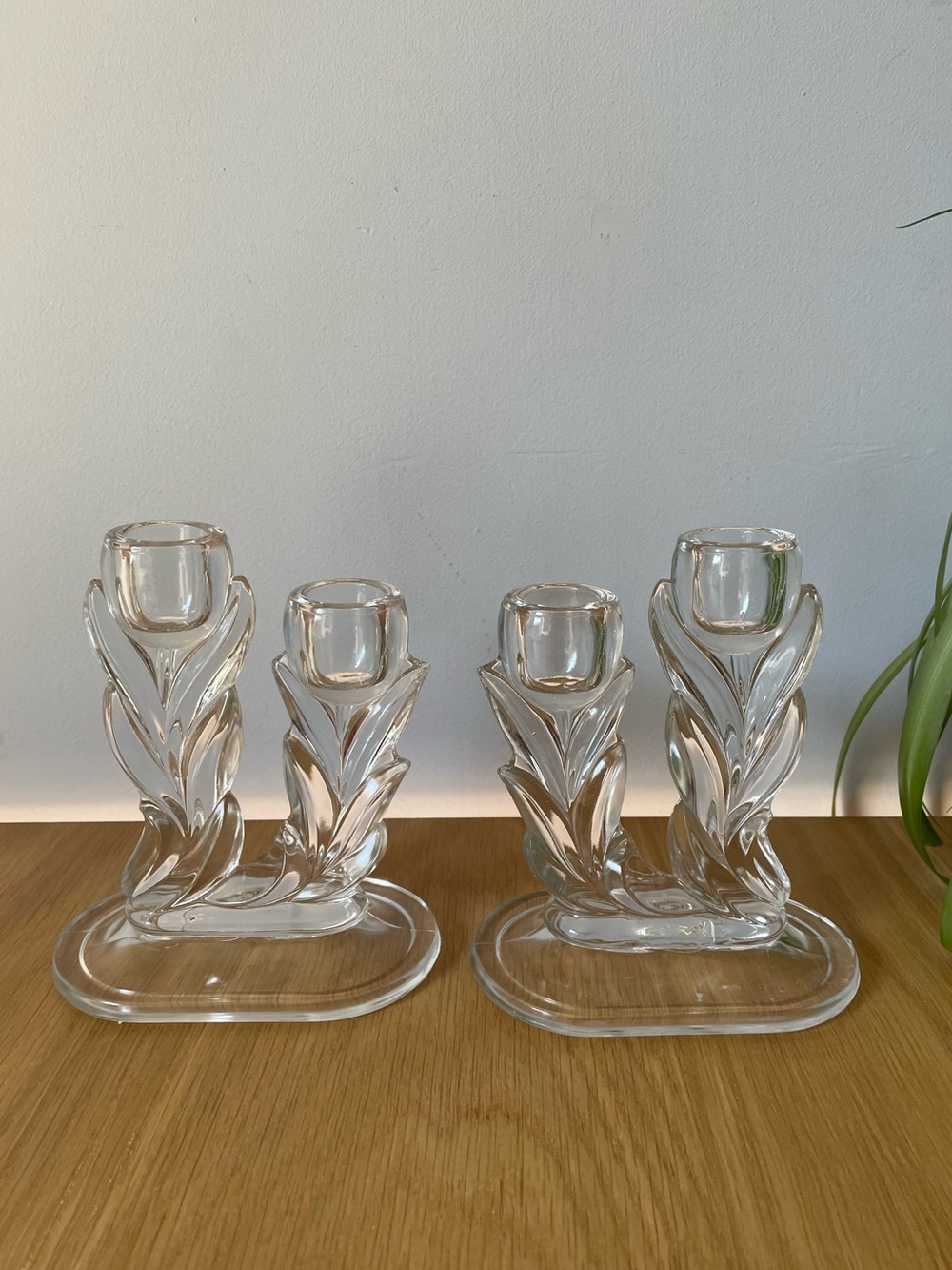 Vintage Indiana Glass Willow Clear Double Candle Holders Pair 1940s